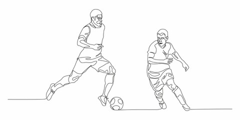 Fototapeta na wymiar Two Football, soccer players kicking ball. Isolated vector silhouette. Football defender, striker or goalkeeper