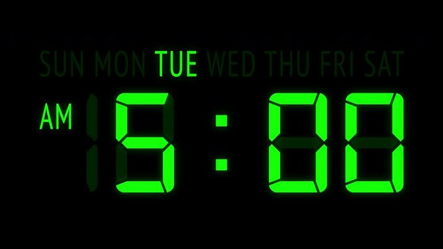 Loopable: Green LED digital clock displays the current time at Tuesday in 12-hours AM/PM format updating 1 minute per frame. Animated digits on black background.