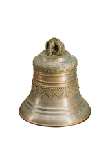 A large bronze church bell isolated on a white background.