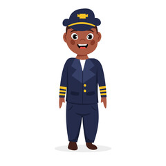 Cute little kid wearing pilot uniform. Cartoon vector illustration.