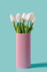 Retro vase with tulip flowers on a mint background. Summer, spring minimal concept.