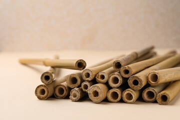 Dry bamboo sticks on beige background, closeup. Space for text