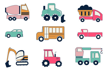Cute collection of working cars. Cartoon kids cars in the Scandinavian style. Toy construction vehicles. Vector bulldozer, excavator, tractor, concrete mixer, crane, bus, pickup truck. Car stickers.