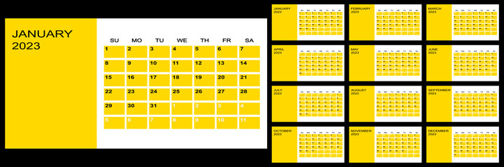 Calendar 2023 yearly. Week starts on Sunday. Vector illustration.	
