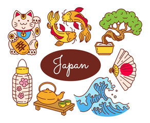 Set of doodle illustrations Japan and Japanese traditions. Isolated on a white background.
