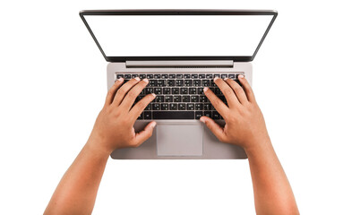 Fototapeta na wymiar Hands of a man sitting on a laptop computer.Social Disease and laptop addiction concept white background isolated.with clipping path. Top view