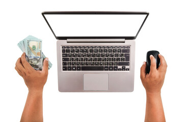 A hacker is lounging and earning money on his laptop computer.Social Disease and laptop addiction...