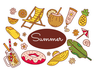 A set of summer doodle elements, a cartoon. Beach, vacation, summer time. The heat, the sea. Isolated on a white background.	