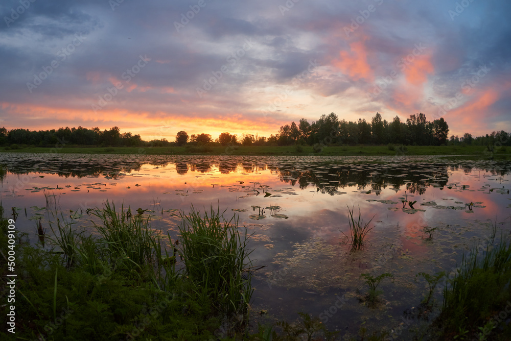 Wall mural amazing sunset on the lake in Ukraine