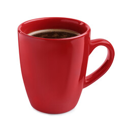Fresh aromatic coffee in red mug isolated on white