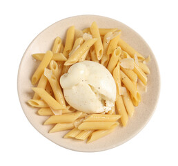Plate of delicious pasta with burrata isolated on white, top view