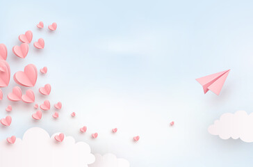 Valentines hearts with plane empty postcard template. Paper pink flying airplane on cloudy blue background. Vector symbols of love in shape of heart for Happy Mother's Day greeting card design