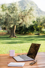 Computer, tazza, quaderno e occhiali su tavolo di legno in un giardino d'estate con montagna