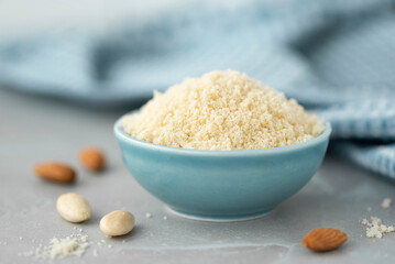 homemade almond flour in a blue bowl