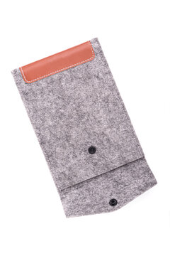 Gray Flannel Bag For Use With Mobile Phones Or Power Banks Isolated On White Background.