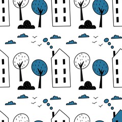 seamless pattern with trees and homes