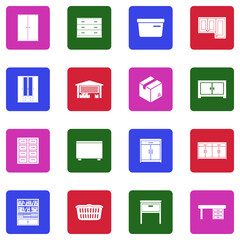 Home Storage Icons. White Flat Design In Square. Vector Illustration.