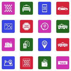 Taxi Service Icons. White Flat Design In Square. Vector Illustration.
