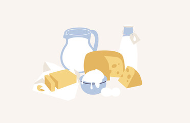 Vector illustration of dairy products - milk, cheese, curds, butter. egg and sour cream.