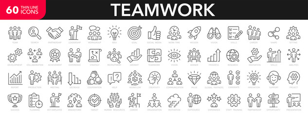 Teamwork line icons set. Businessman outline icons collection. Work group and human resources. Business teamwork, human resources, meeting, partnership, meeting, work group, success - stock vector. - obrazy, fototapety, plakaty