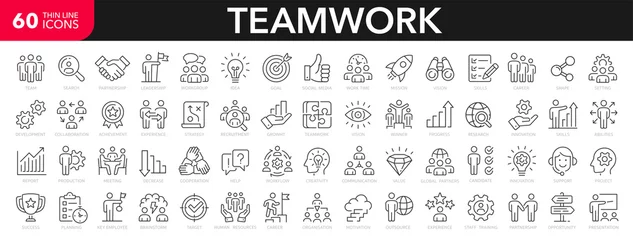 Foto op Canvas Teamwork line icons set. Businessman outline icons collection. Work group and human resources. Business teamwork, human resources, meeting, partnership, meeting, work group, success - stock vector. © Comauthor