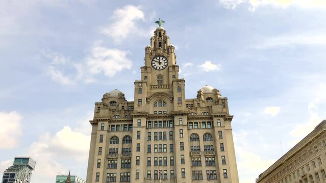 Liverpool, England, April 16th 2022: Liverpool Liver building. The Royal Liver Building is a Grade I listed building in Liverpool, Merseyside. It is located at the Pier Head waterfront. 