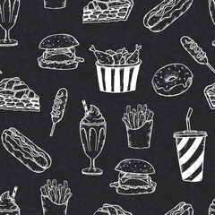 Beautiful hand drawn delicious fast food seamless pattern, tasty background, great for textiles, wrapping, packaging, wallpapers - vector design