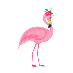 Cute pink flamingo with a floral arrangement on its head. Bouquet of pink flowers and leaves. A bright character, a bird. Vector illustration in a flat cartoon style isolated on a white background.