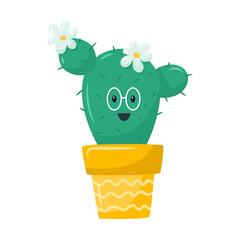 Cute happy cactus in pot, succulent with glasses. A houseplant wth flowers. Adorable botanical character. Vector illustration in a flat cartoon style isolated on a white background.