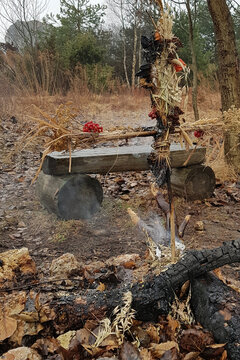 Marzanna (Morė, Marena, Mara, Morana, Morena, Mora) effigy (doll, puppet) made from straw and burned and drowned in a river around spring equinox in celebration of end of winter as a ancient tradition