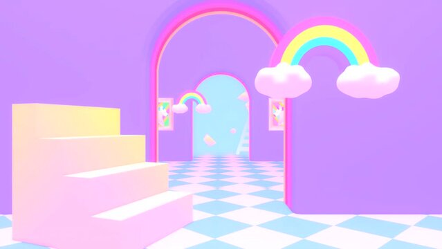 Looped kawaii rainbow and unicorn art museum animation.