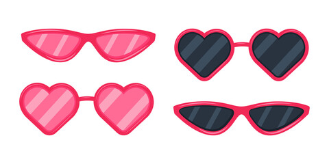 Summer beach sunglasses with pink and black glasses in a classic frame and a heart-shaped frame. Vector illustration in a flat cartoon style isolated on a white background.