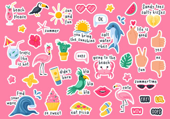 A set of summer stickers with phrases. Cocktail, flamingo, cactus, parrot, crab. Stickers with handwritten inscriptions with a white outline. Color vector illustrations in a flat cartoon style.