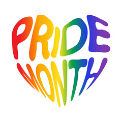 Pride Month vector greeting concept. Rainbow text in heart shape. LGBTQ community and movement of sexual minorities.	
