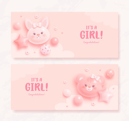 Set of baby shower invitation with cartoon helium balloons and flowers on pink background. It's a girl. Vector illustration