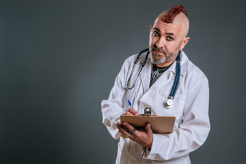 punk-style doctor with a red crest makes notes in his folder in study shot while looking at camera with a sceptical face.