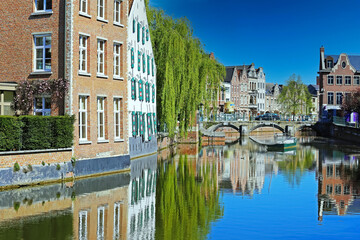 Fototapeta na wymiar Lier, Belgium - April 9. 2022: View over water village moat on ancient houses, green weeping willow tree, medieval stone arch bridge, blue clear sky