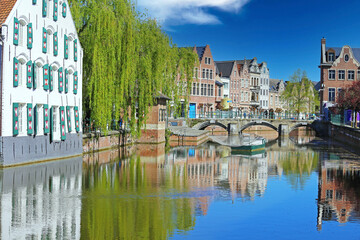 Beautiful belgian landscapes - View over water village moat canal on ancient houses, green weeping willow tree, medieval stone arch bridge, blue clear sky - Lier, Belgium - obrazy, fototapety, plakaty