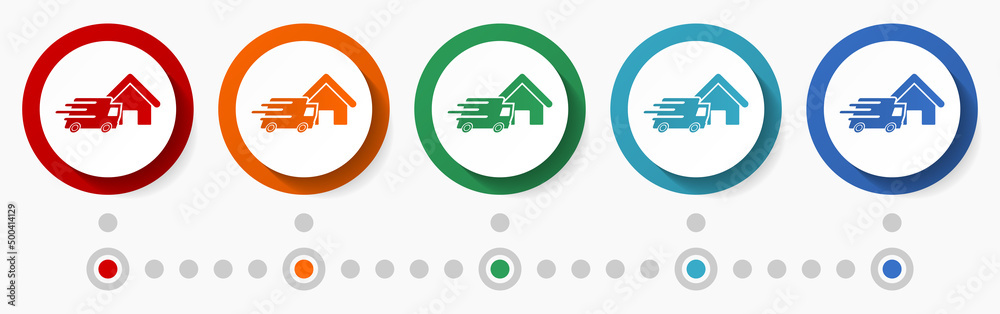 Poster Delivery, logistic concept vector icon set, infographic template, flat design colorful web buttons in 5 color options