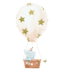 Beautiful children composition with cute watercolor hand drawn baby elephant on air balloon. Stock illustration.