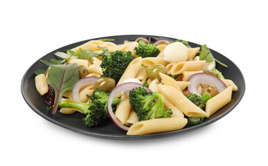 Plate of delicious pasta with broccoli, onion and olives on white background