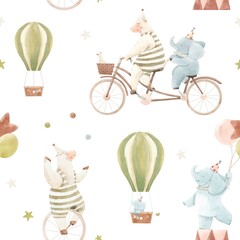 Beautiful children seamless pattern with cute watercolor hand drawn circus animals. Sheep juggle on unicycle, baby elephant with air balloons. Stock illustration. © Zenina-Lembrik