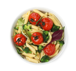 Bowl of delicious pasta with tomatoes, arugula and broccoli on white background, top view