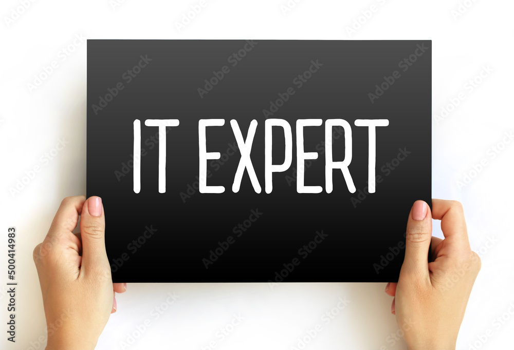 Poster IT Expert - identifies issues with hardware or software and works with users or on the back end of servers to quickly resolve those issues, text concept on card