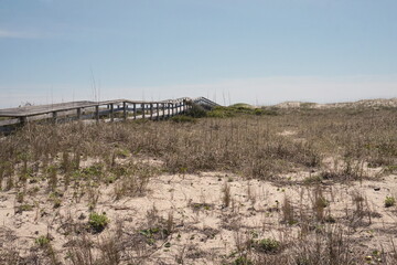 Boardwalk with Railing Winding Through and Ascending Dunes, Blue Sky