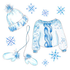 Hand drawn watercolor winter knitted clothing. Blue woolen mittens. Gloves, cap, jacket