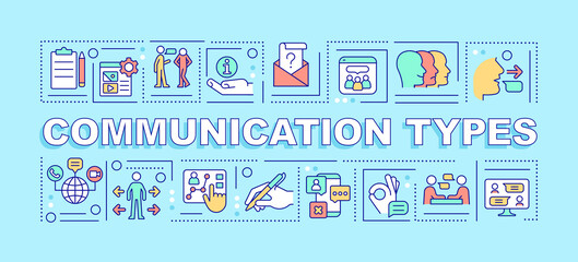 Communication types word concepts turquoise banner. Exchanging information. Infographics with icons on color background. Isolated typography. Vector illustration with text. Arial-Black font used
