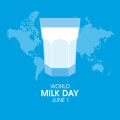 World Milk Day Poster with glass of milk icon vector. Full glass of milk and world map icon vector isolated on a blue background. Milk Day Poster, June 1. Important day
