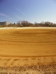 早春の整地された江戸川河川敷の野球場風景
