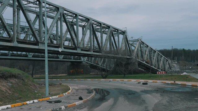 Undermined railway bridge in Ukraine